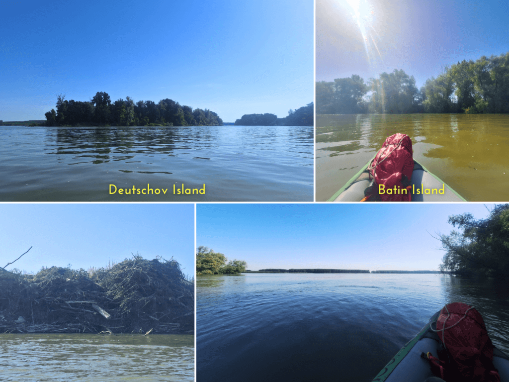 collage kayaking between Batin island and Deutschov river island Danube trip riparian zone