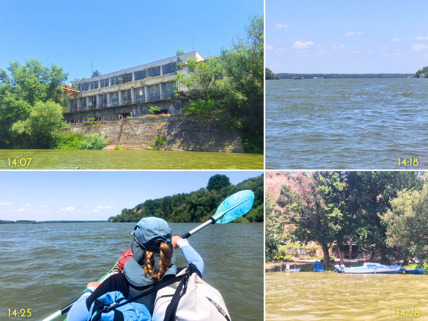 Iris Veldwijk kayaking past abandoned industrial building Danube River Ruse Bulgaria cruise ship island fisherman boat Calcutta