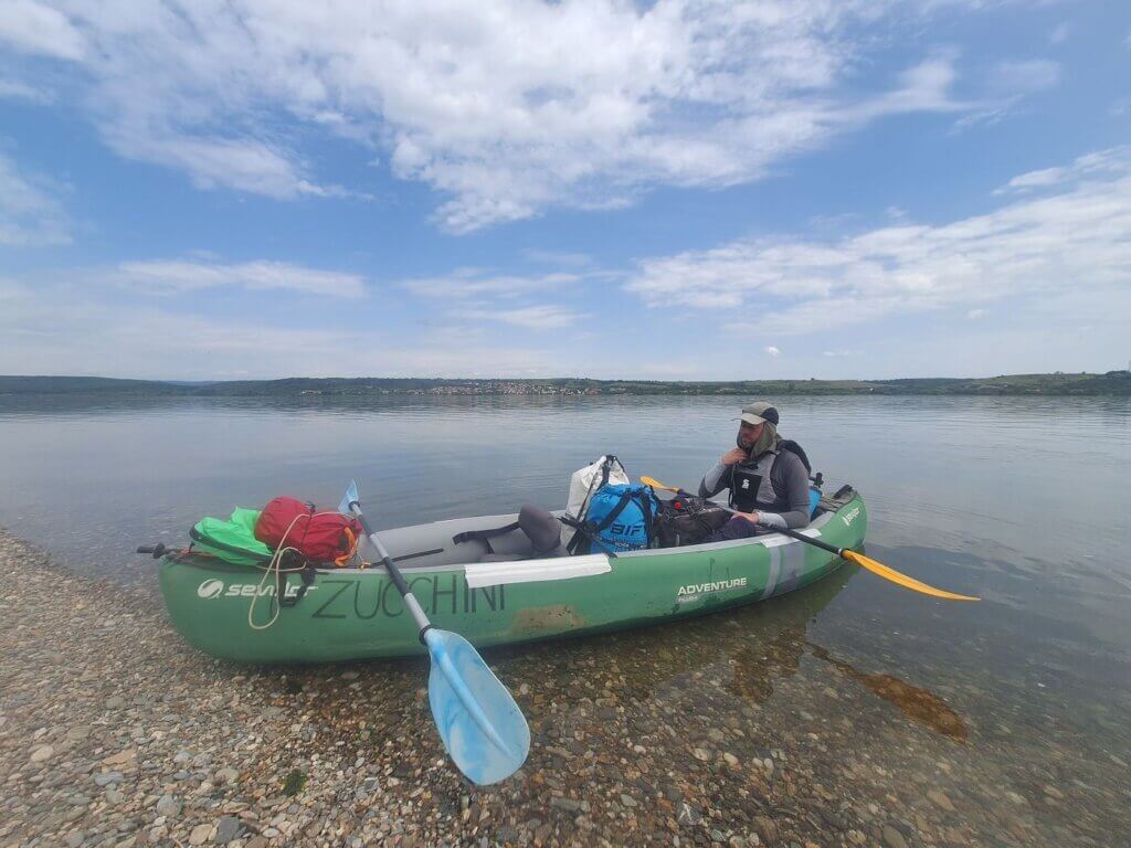 Jonas in Zucchini the inflatable kayak Danube River Vrancea Vajuga Romania Serbia to Crivina