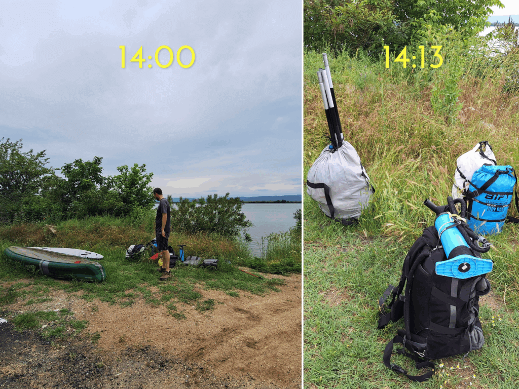 packing up Zucchini the inflatable kayak Crivina Romania 12 minutes to pack everything rain thunder lightning incoming summer 2024