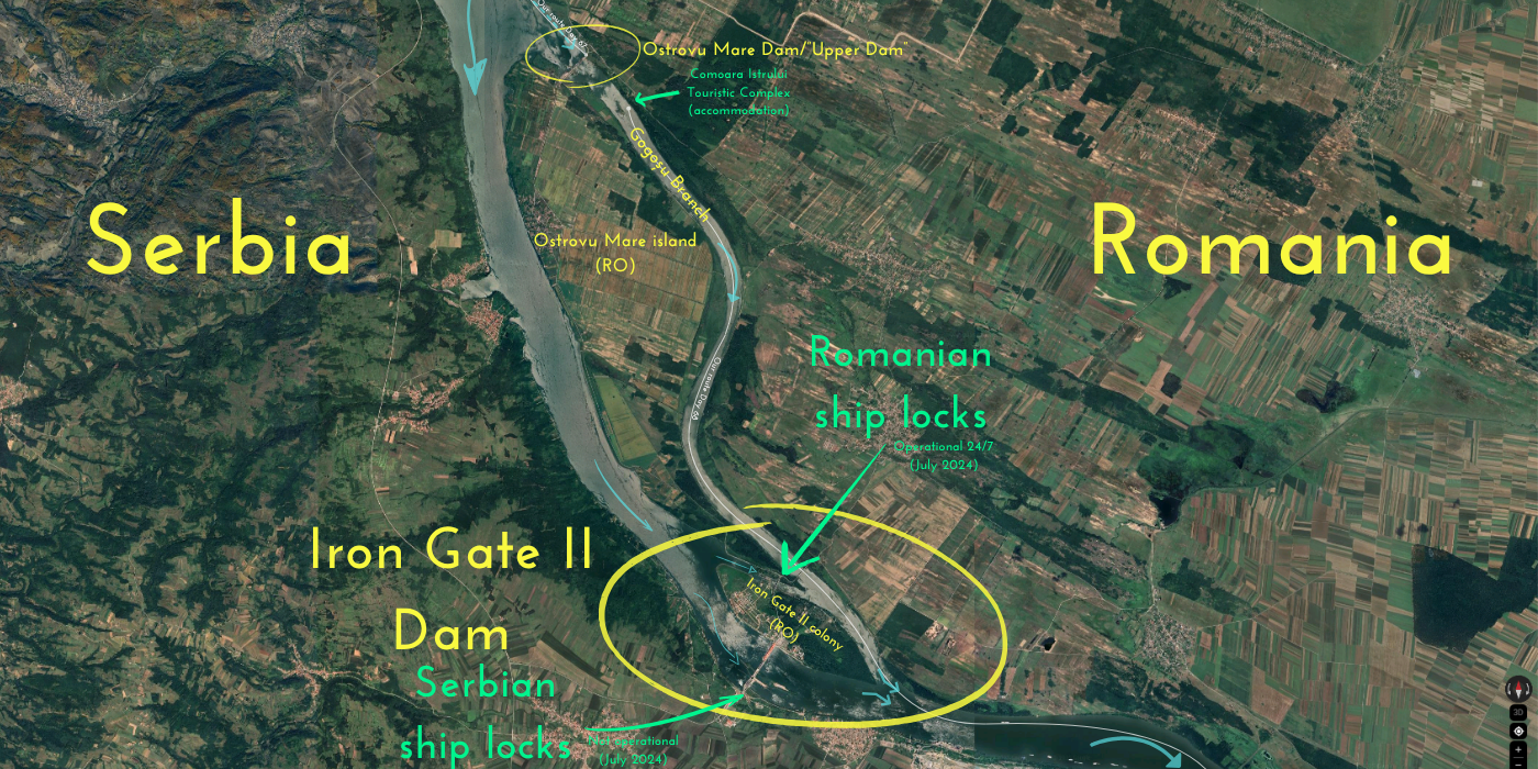 Iron Gate II dam Djerdap Portile de Fier II Romania Serbia Gogosu branch kayaking portaging ship locks Ostrovu Mare route shiplock info