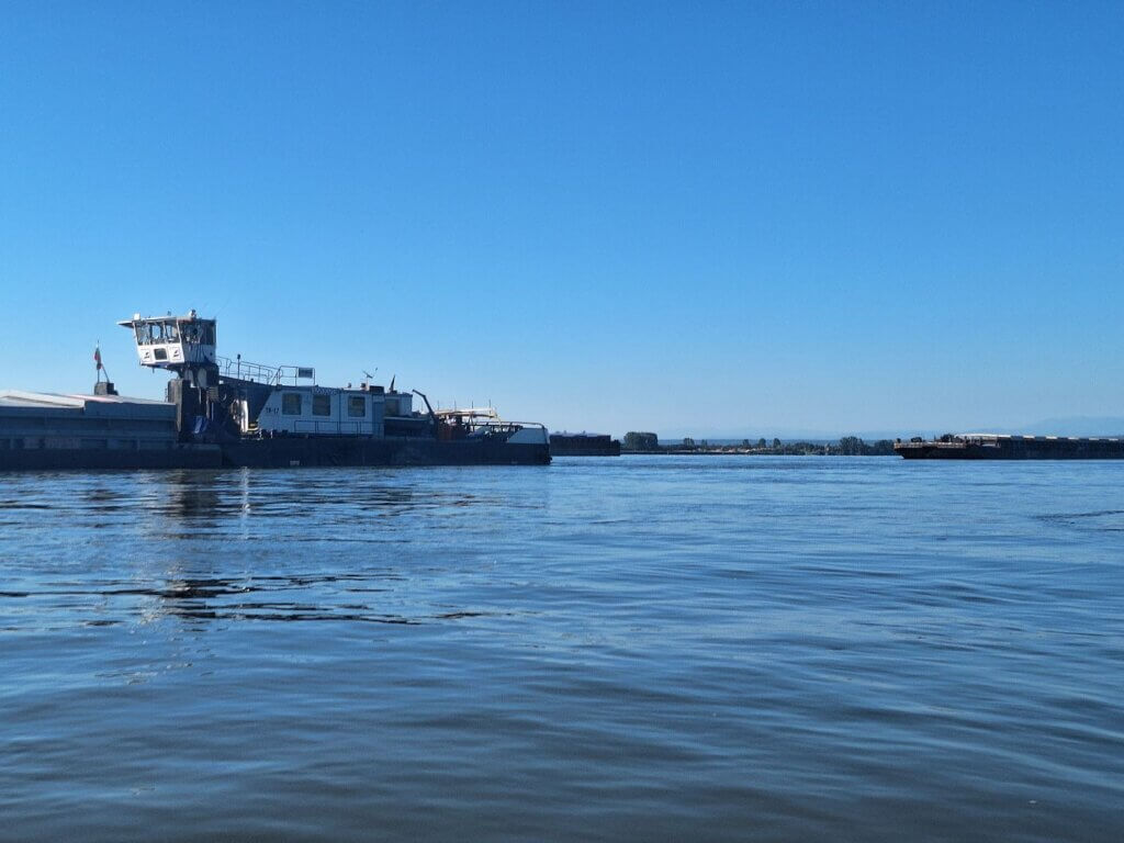 cargo ship pushtow boat Danube River anchoring site anchorage area Vidin Bulgaria sudden movement engines on