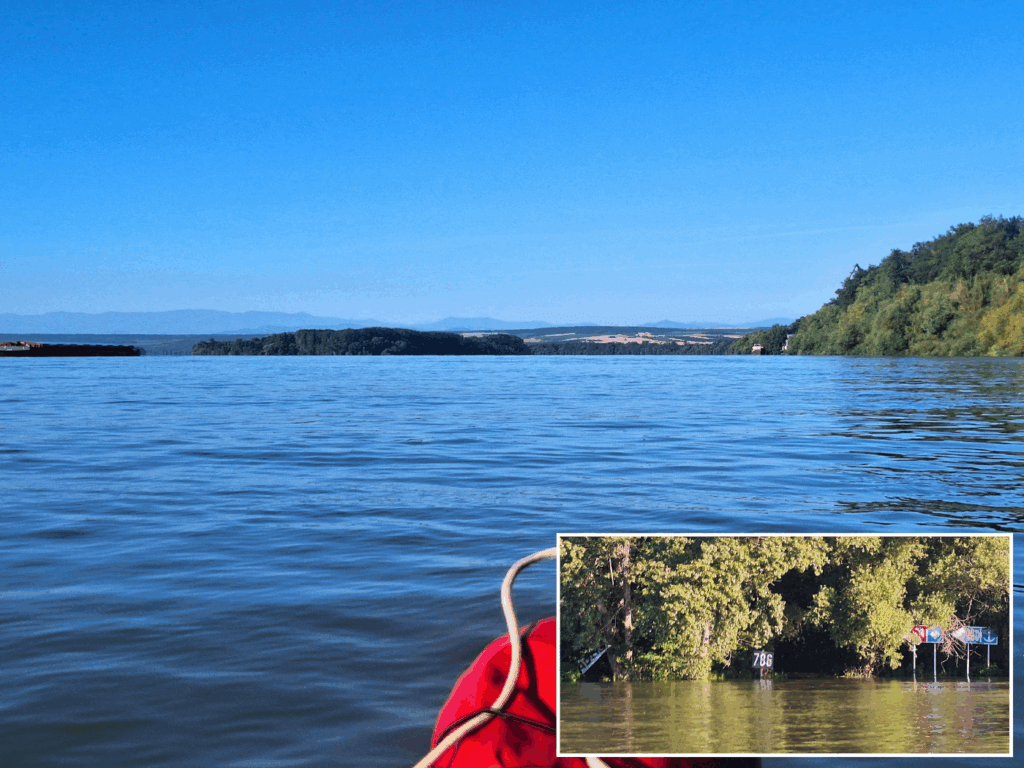 Bogdan Island Ostrov Sechan Vidin Bulgaria kayaking shipping lane 786 kilometer sign on the Danube River high water flood in Germany June 2024