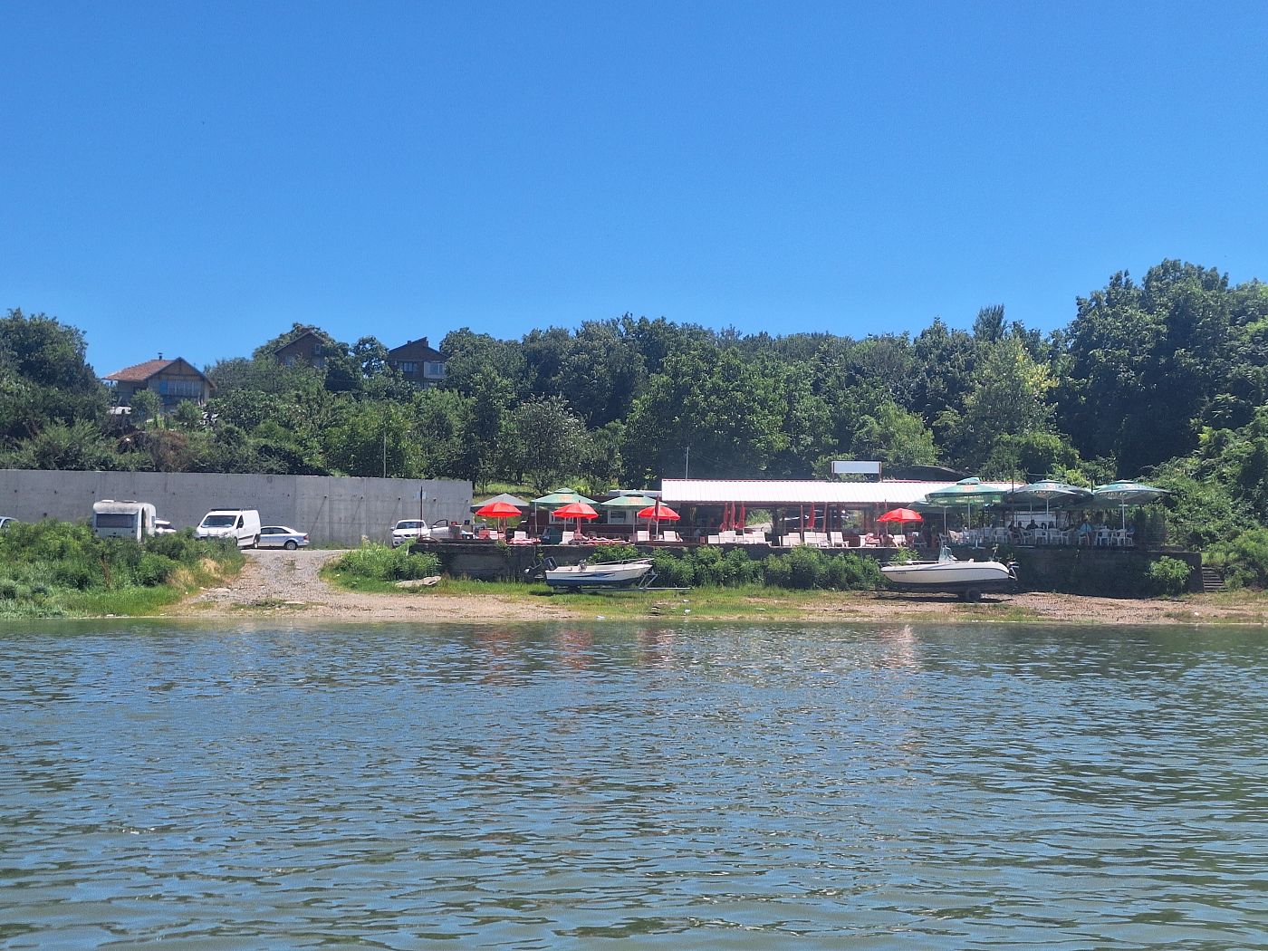 arriving in Lom by kayak riverside restaurant Danube paddling traveling to the Black Sea