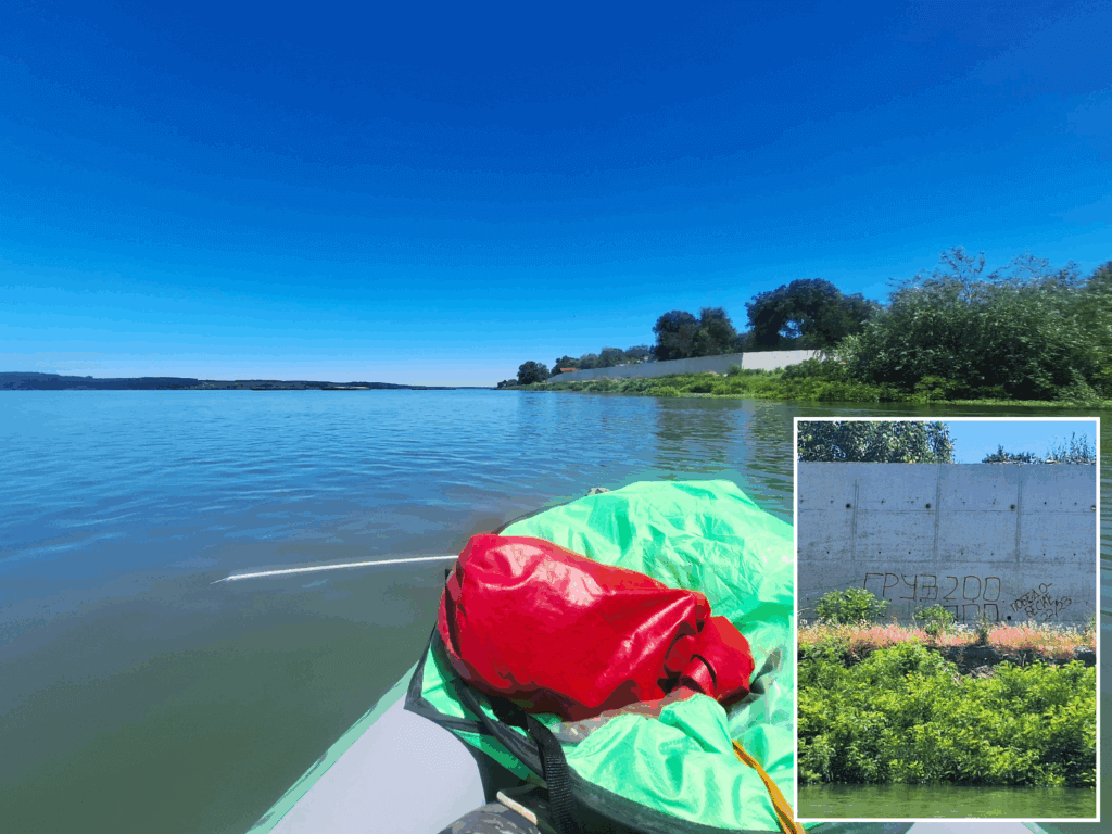 looking for a landing spot with inflatable kayak Danube River Lom Bulgaria broken kayak sail flood protection wall Gruz 300 film movie reference 2024