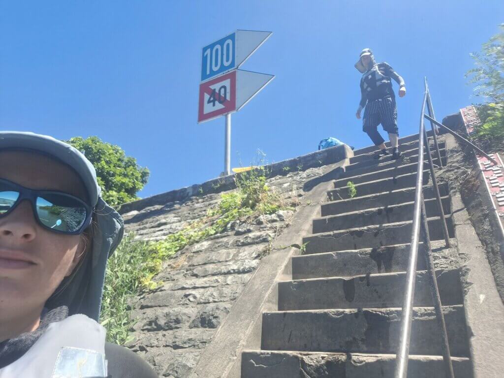 Iris Veldwijk Jonas arrival in Lom Bulgaria kayaking embankment stairs landing spot luggage boat Danube River travel long distance endurance