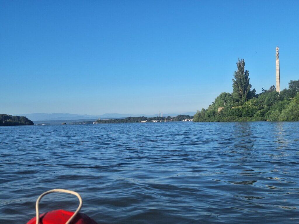 overlap Danube River Vidin Freedom monument Balkan mountains background