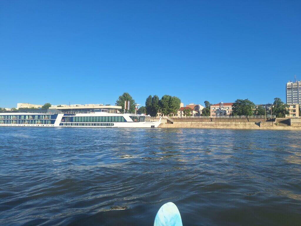 Ama Verde Danube river cruise ship Vidin Bulgaria city skyline kayaking