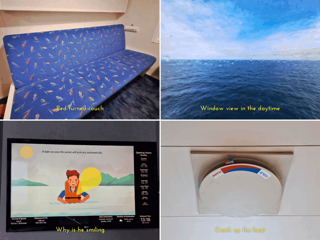 collage cabin Smyril line heating safety instruction video bed turns couch and window view of the North Atlantic Ocean North sea