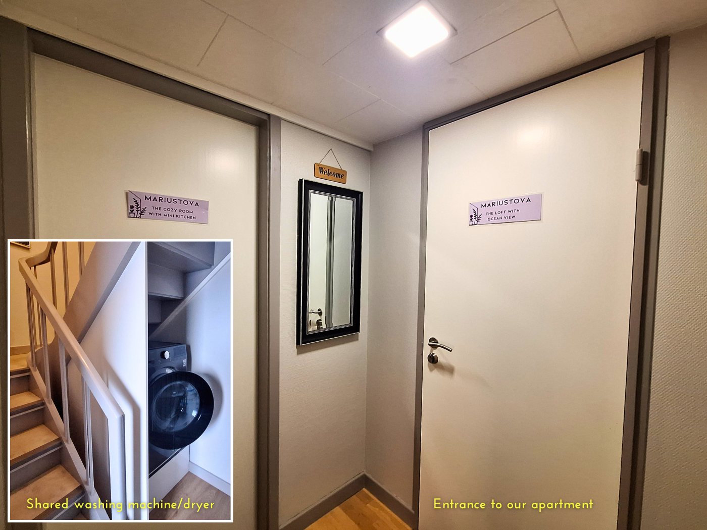 accommodation in Midvagur Faroe Islands travel washing machine apartment entrance door