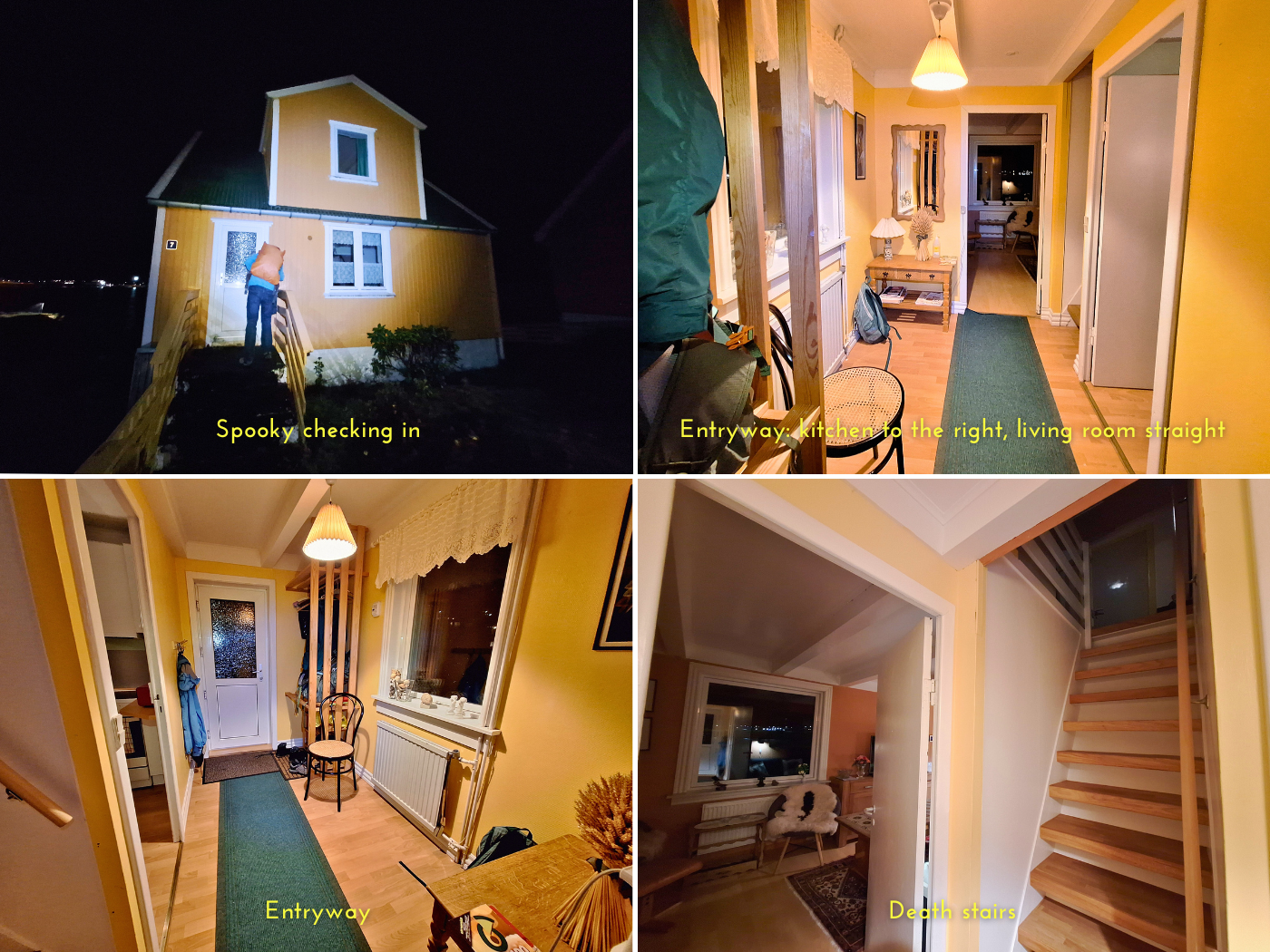 collage Tvoroyri Suduroy airbnb rental house yellow Trongisvagur exterior arrival in darkness october travel Faroe Islands entryway death stairs
