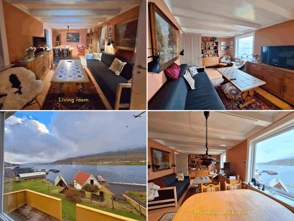 living room collage little rental house Tvoroyri Trongisvagur yellow house fjord view ferry Suduroy