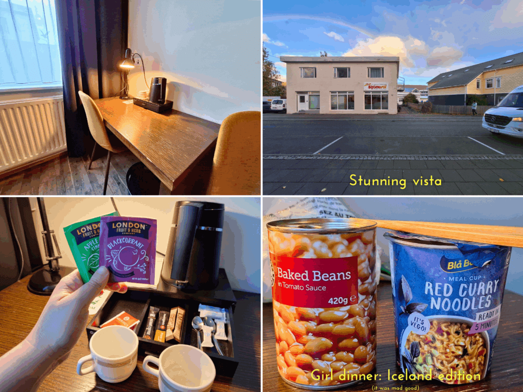 desk hotel Nordurland Akureyri girl dinner canned beans pot noodles vista parking lot northern lights travel accommodation in Iceland