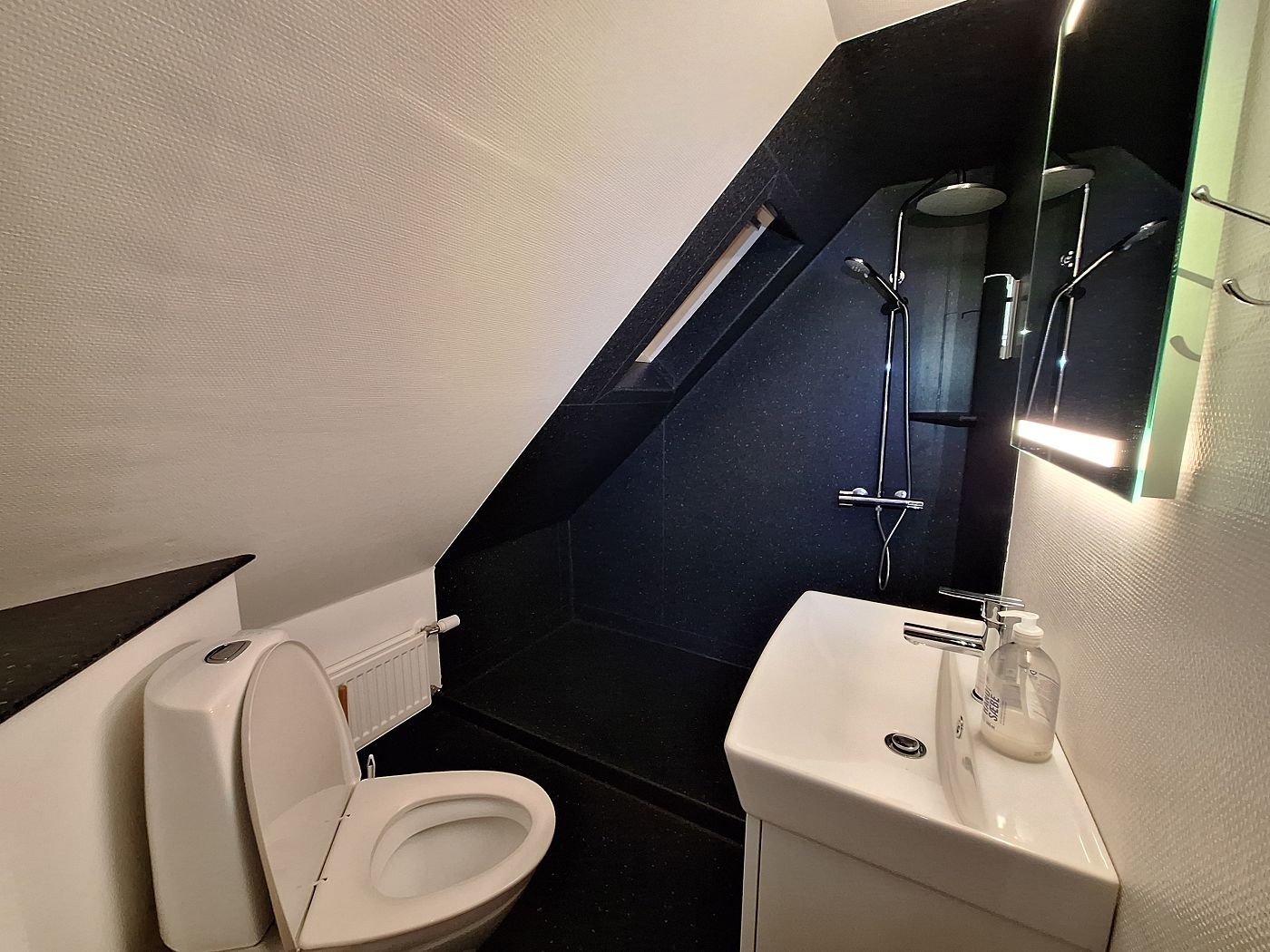 bathroom Suduroy holiday rental toilet sink shower splashing roof Trongisvagur Faroe Islands