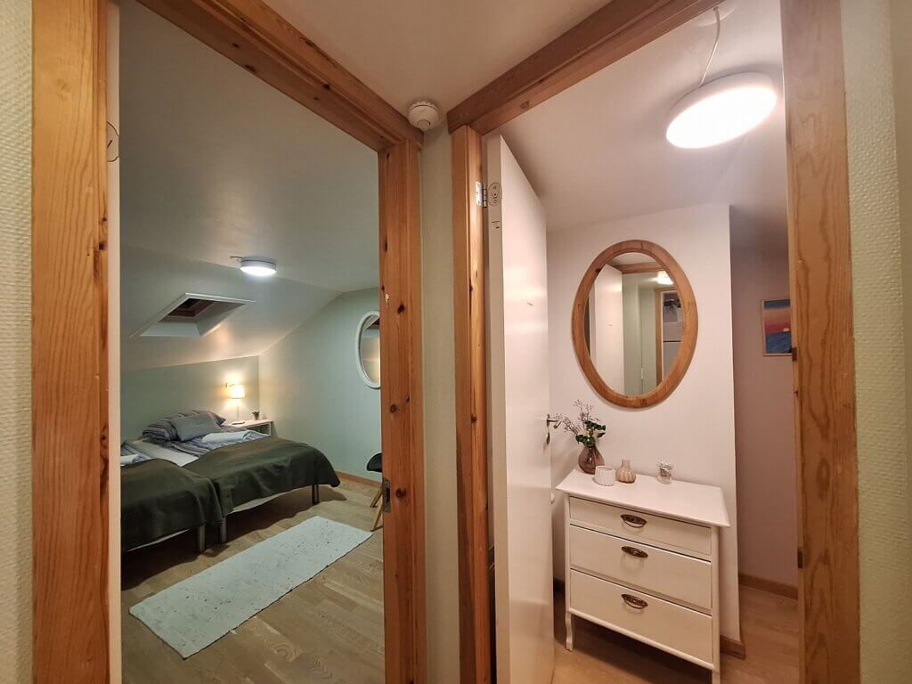 bedrooms apartment in Midvagur Faroe Islands sleeping nightstands hallway access Scandinavia