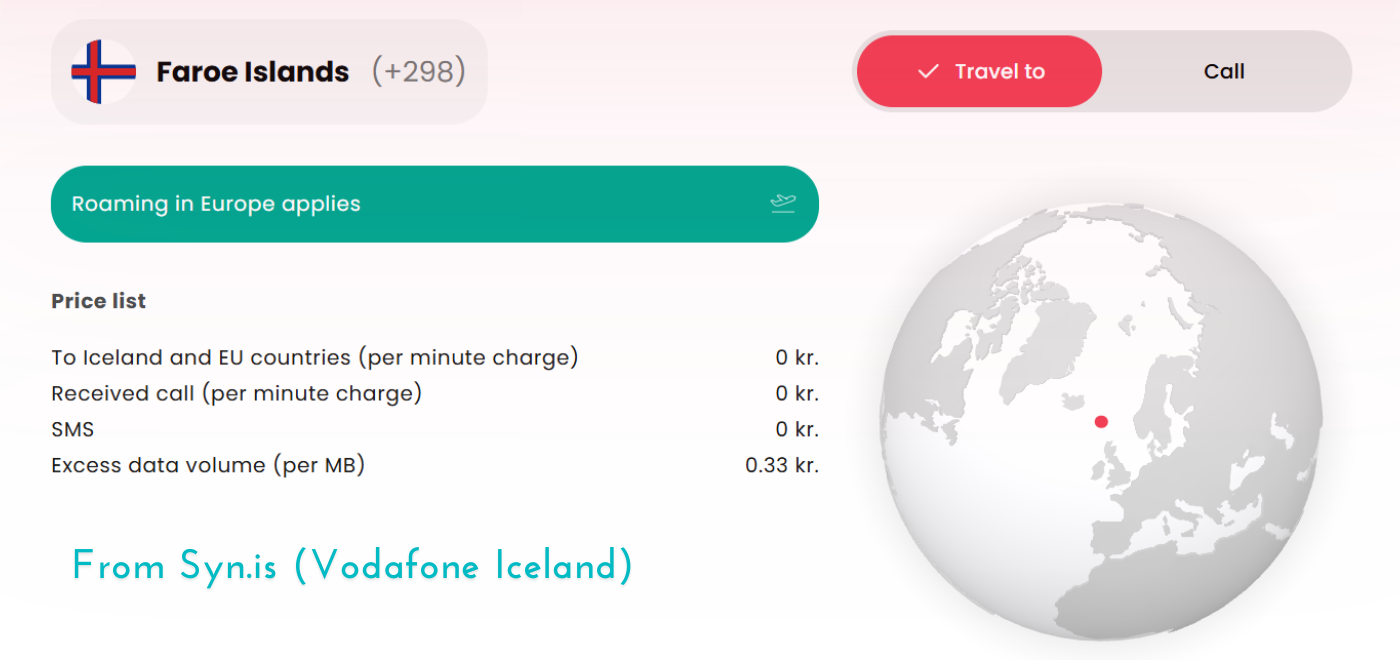 From Syn.is (Vodafone Iceland) Faroe Islands roaming with an Icelandic SIM card