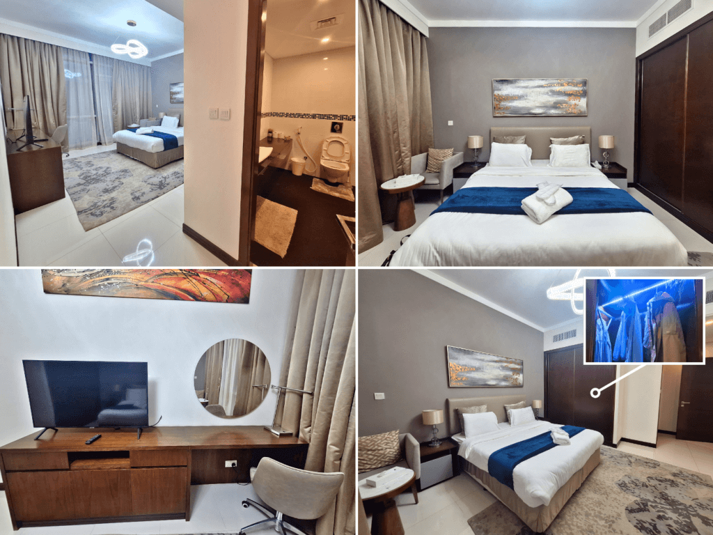 bedroom accommodation in Bahrain Manama desk work remotely WiFi couple travelers balcony wardrobe comfortable stay