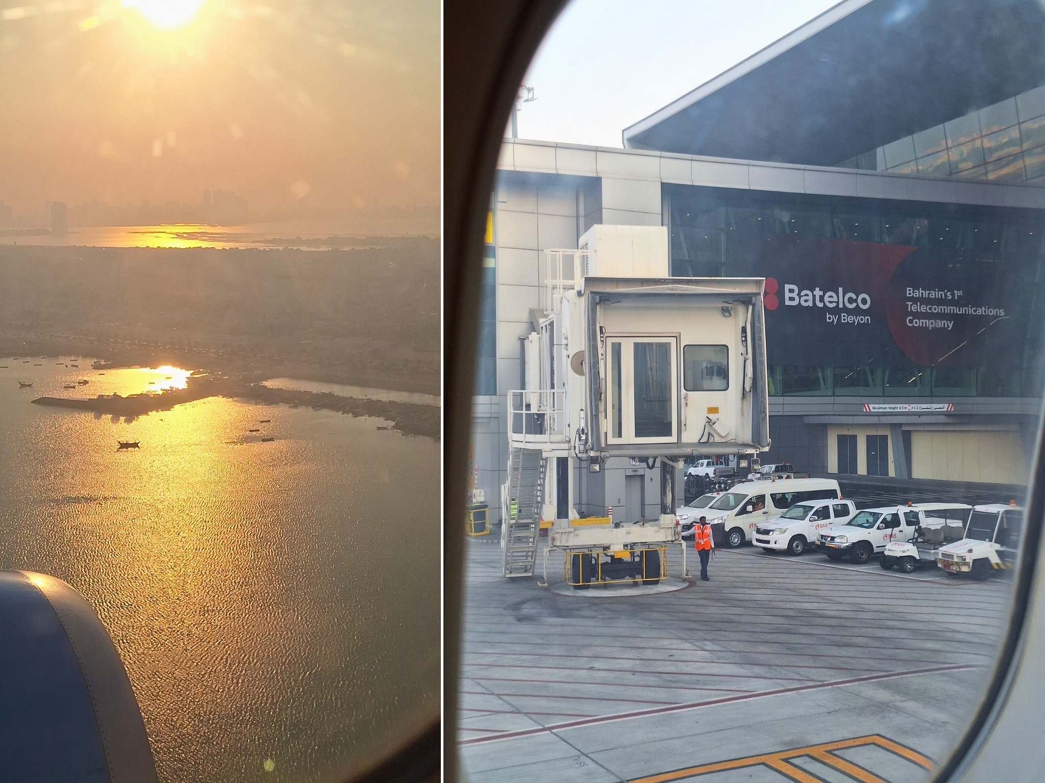 Arrival Manama Bahrain airport sunset flight jet bridge Gulf country travel