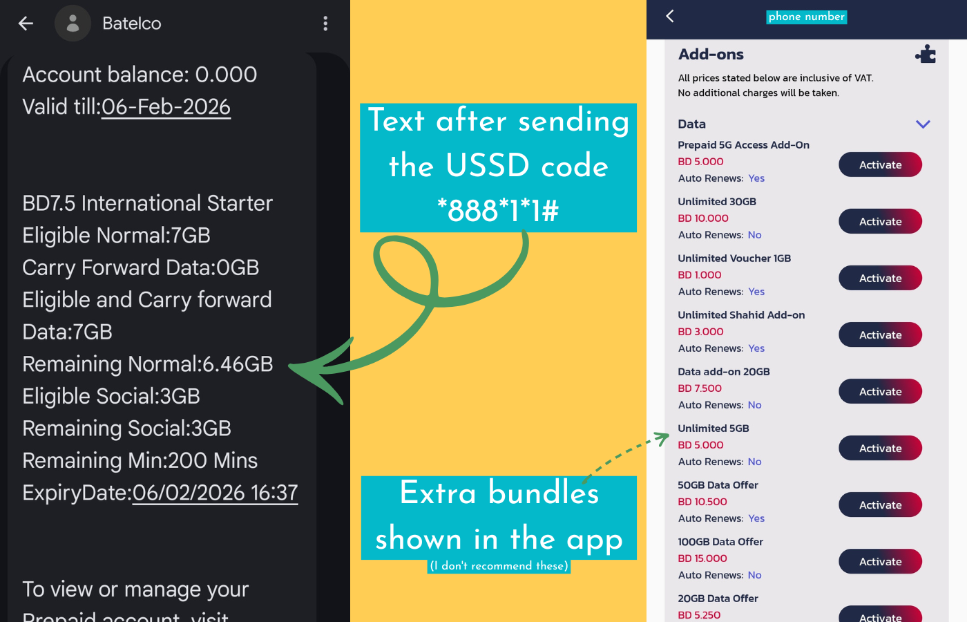 USSD code Batelco Bahrain checking balance and data usage