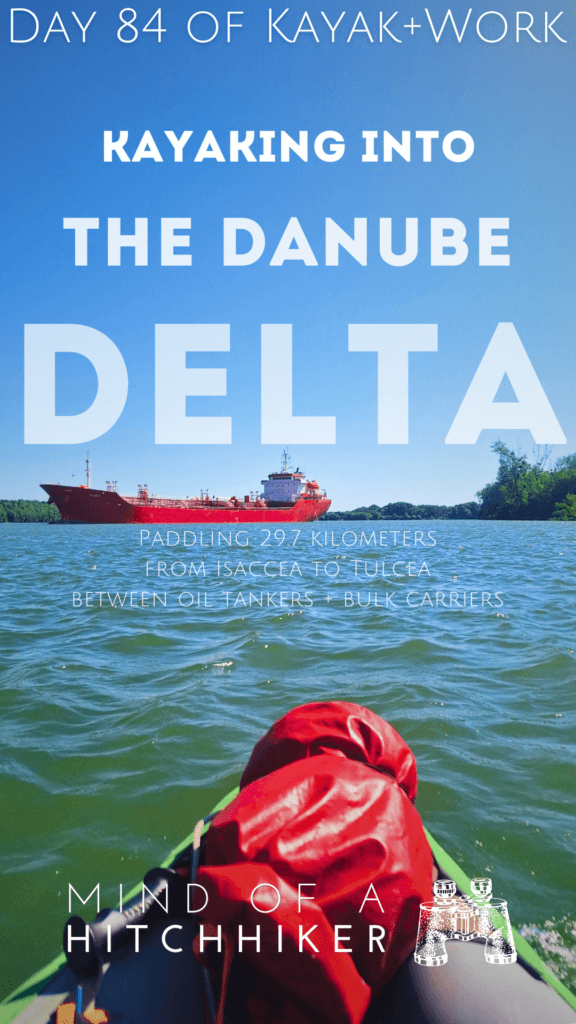 entering the Danube Delta end of a long kayaking trip to the Black Sea inflatable canoe cargo ships day 84 Romania