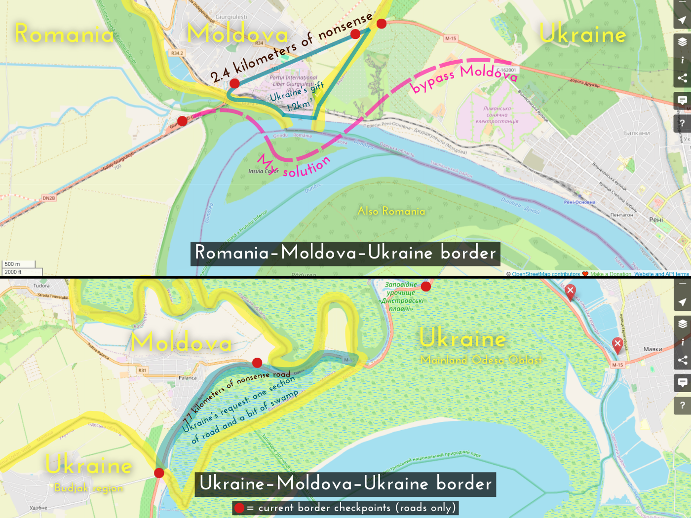 Borders between Romania Moldova Ukraine at Galati Giurgiulesti Reni and Udobne Palanca Mayaky land swap Danube River port ungrateful Moldovans