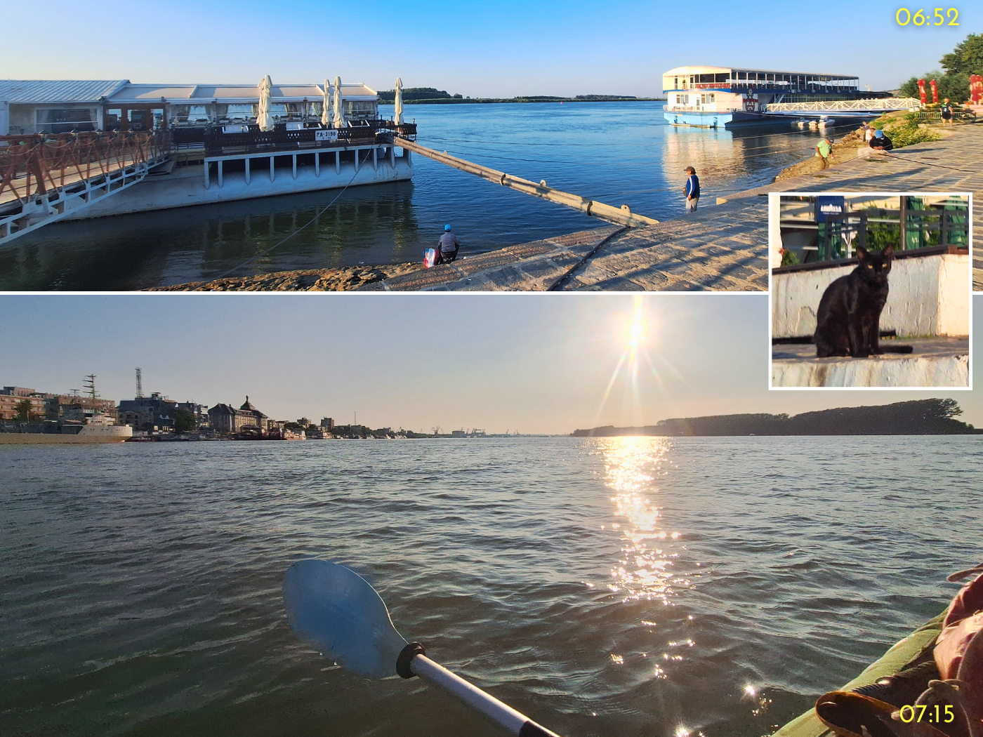 launch spot kayak trip day 83 Galati Romania floating restaurants Danube river fishermen morning stray cat