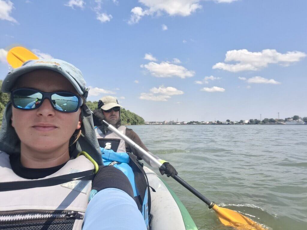 Iris Veldwijk Jonas kayaking Danube River between Romania and Ukraine port of Reni