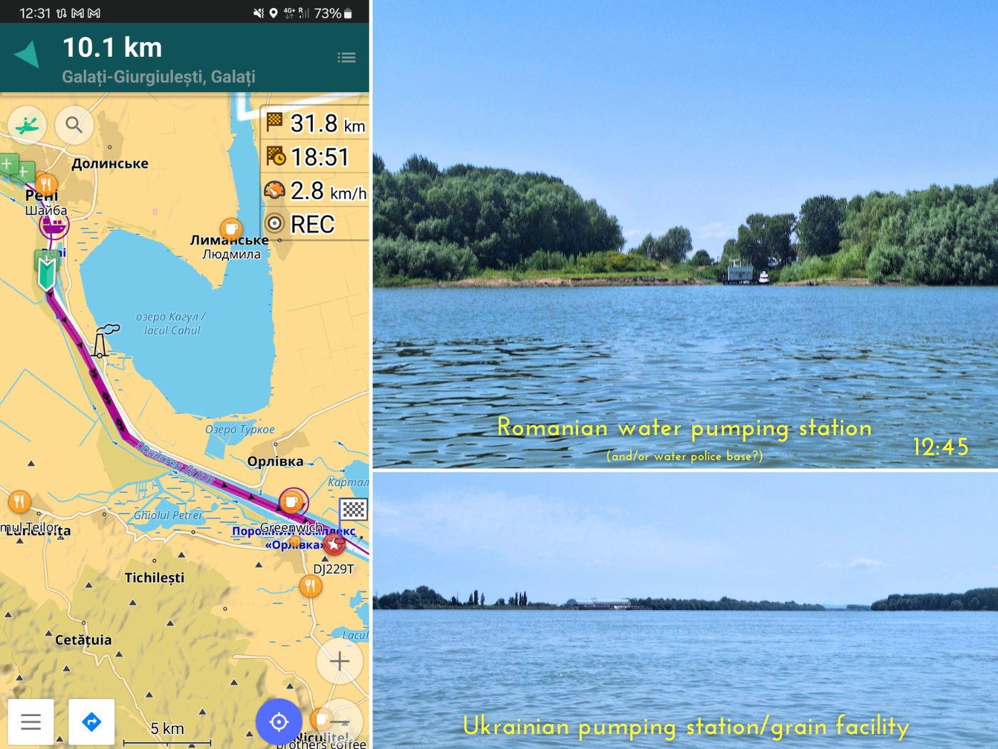 kayaking between Galati and Isaccea Romania border area Ukraine water pumping station navigation