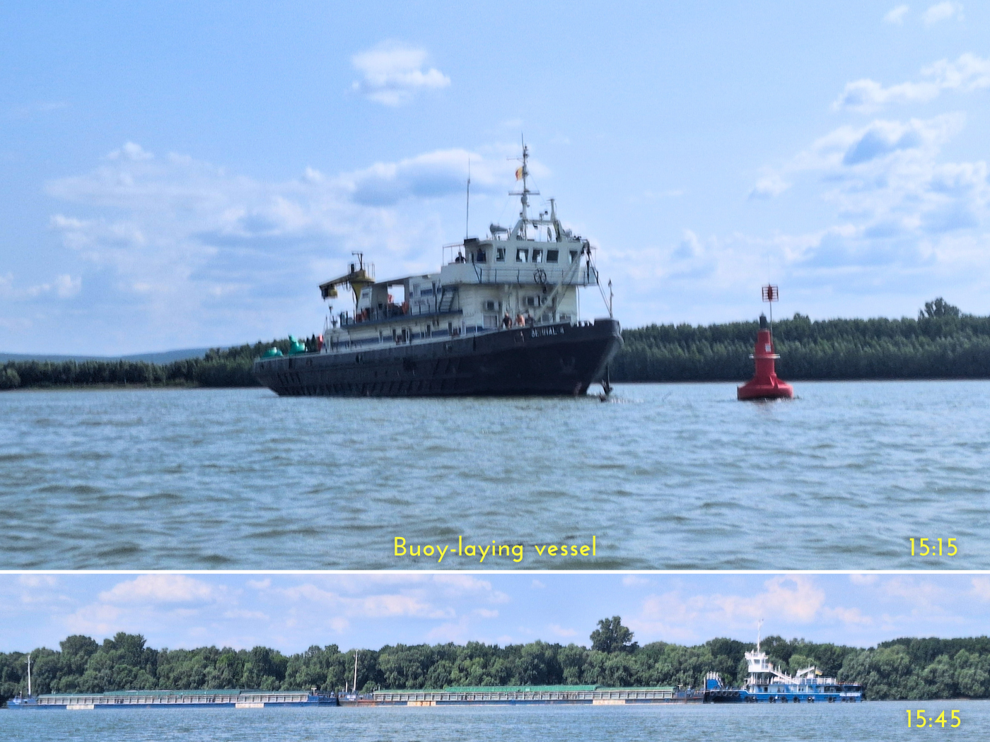 15 15 buoy ship Danube River installation anchoring kayak trip Romania Ukraine border area big cargo ship pushtow summer shipping lane change water level gauge