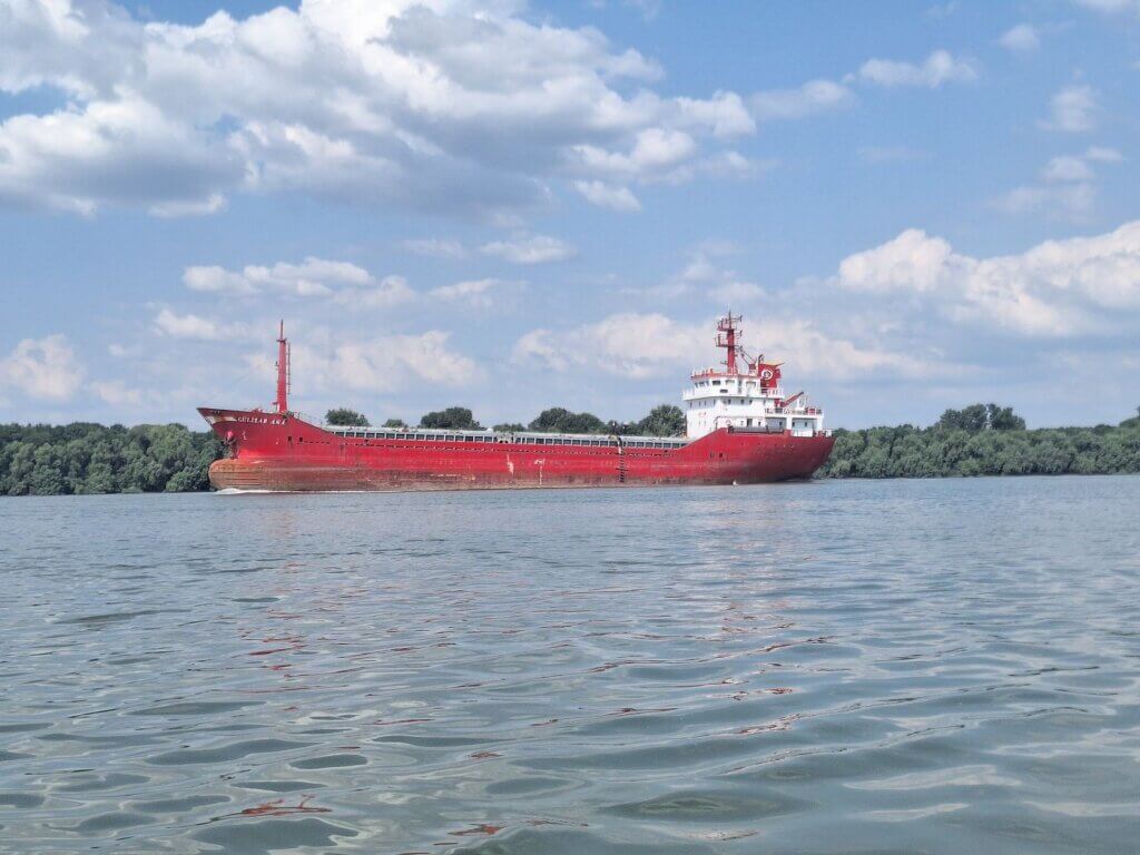Gulizar Ana oil tanker on the Danube River near Orlivka Ukraine Isaccea Romania Tulcea county Black Sea kayak trip empty and fast