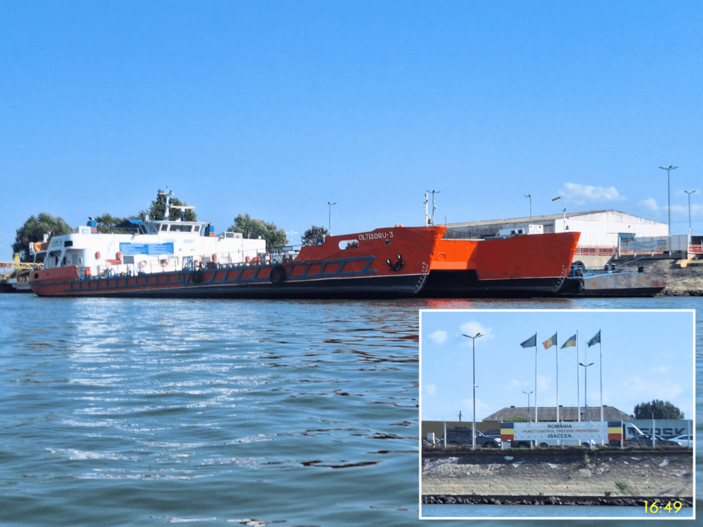 Oltisoru ferry Isaccea Tulcea county Romania crossing cargo trucks to Orlivka Odesa Oblast Ukraine Danube River flags EU European Union NATO outer border