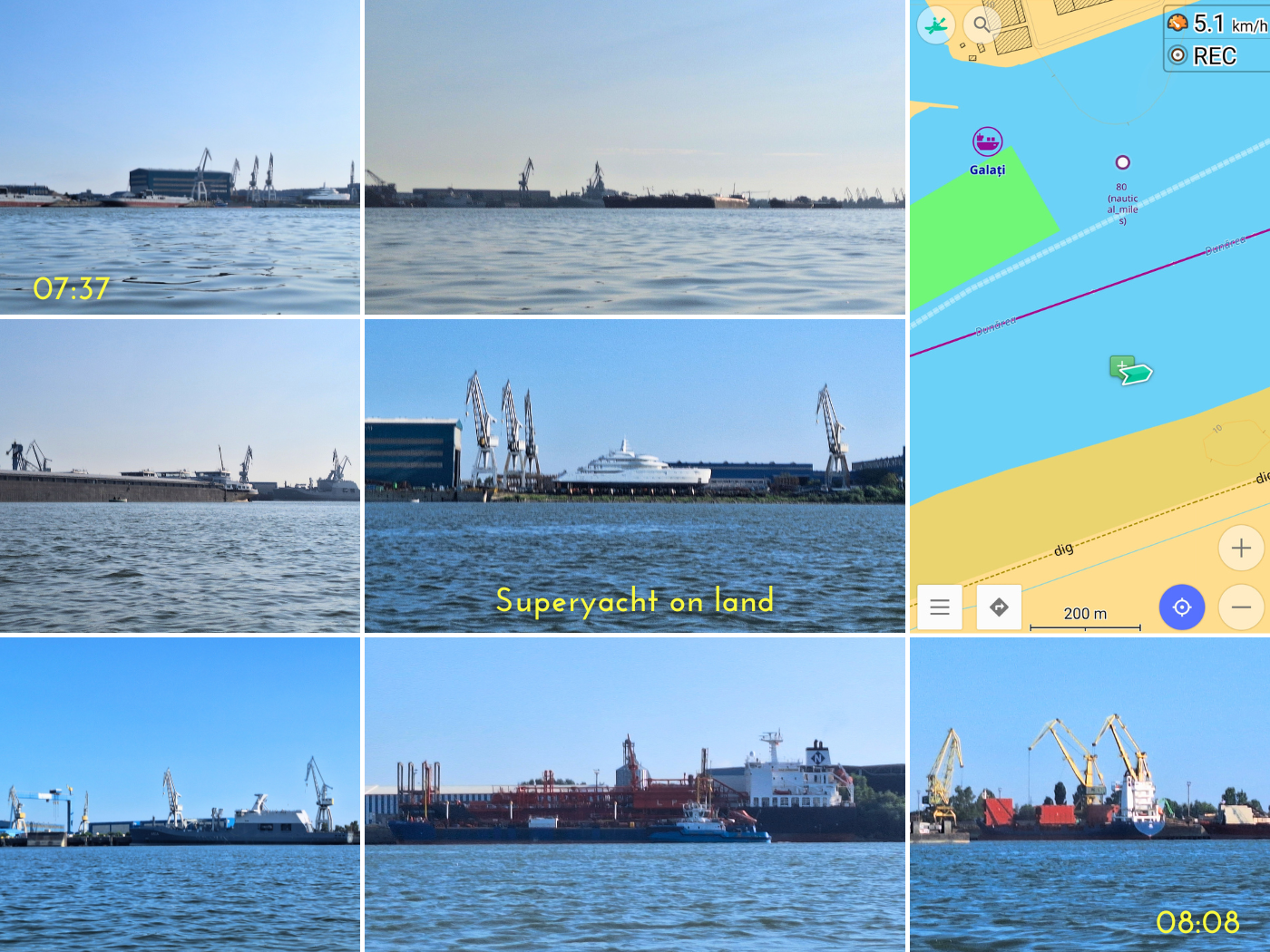 collage port of Galati Romania super yacht big ships cargo oil tanker grain ship cranes Danube River barges kilometers to nautical miles maritime sector