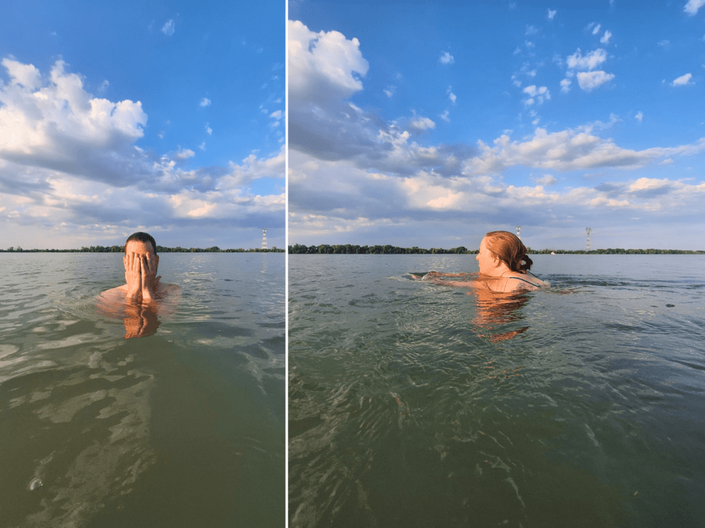 Iris Veldwijk Jonas swimming Danube River Isaccea Romania Tulcea county close to Black Sea Ukraine border Orlivka