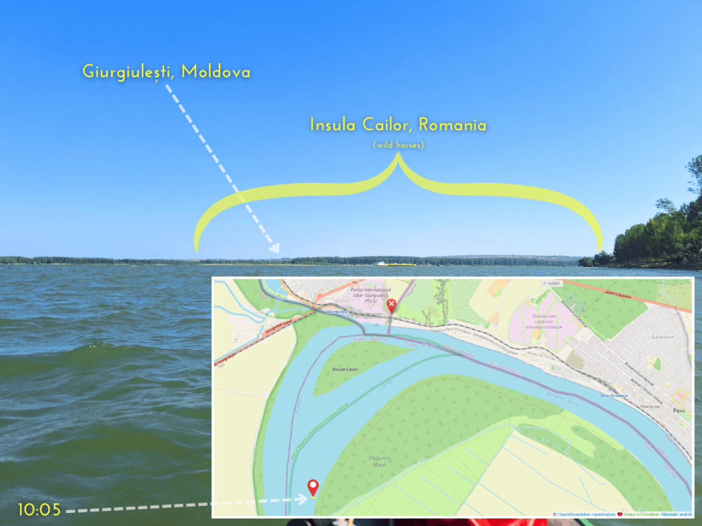 Insula Cailor Romanian border with Moldova and Ukraine on the Danube River near Giurgiulesti and Reni ports shipping lane kayak trip map