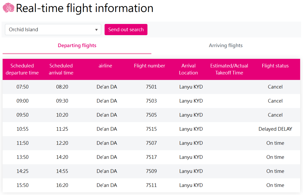 Taitung airport website Orchid Island Lanyu KYD flights status