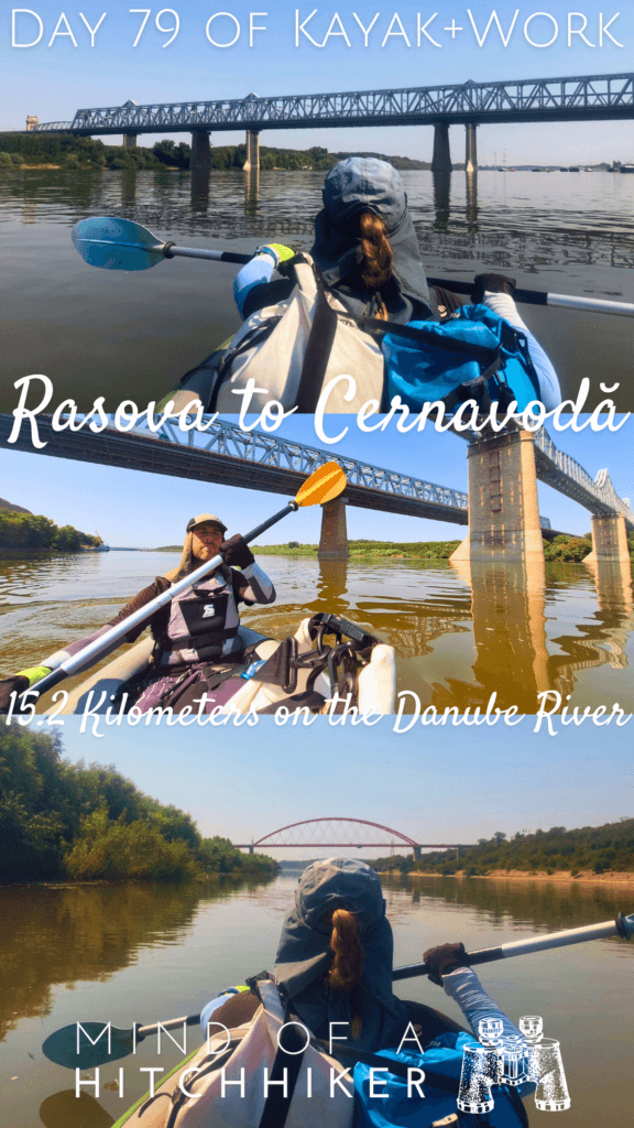 collage kayak trip day 79 Rasova to Cernavoda Romania kayaking Anghel Saligny bridge Danube Black Sea canal Iris Veldwijk