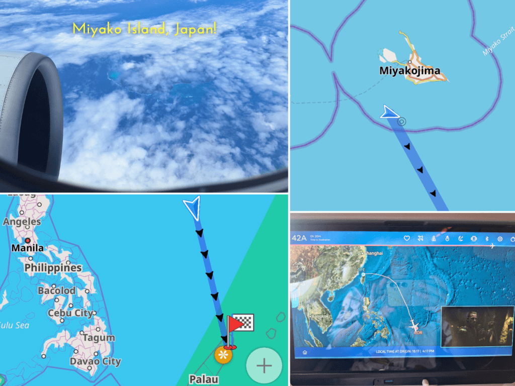 flying Taipei to Koror vista of Miyakojima Japan airplane window route screen