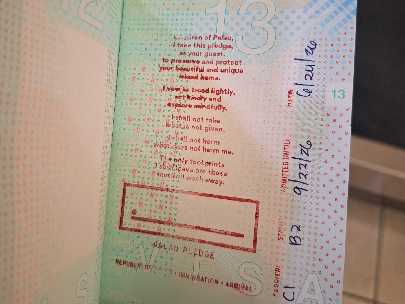 Palau Pledge passport stamp entry takes up lots of space full page visa travel to Koror environmental reef protection country