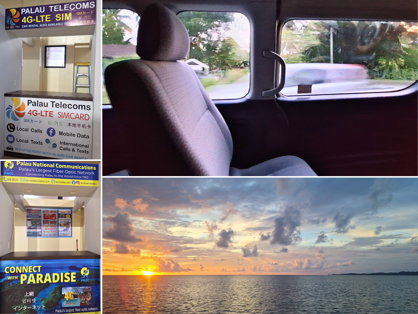 hitchhiking an airport shuttle van in Palau sunset view Japanese friendship bridge sim card at Koror airport