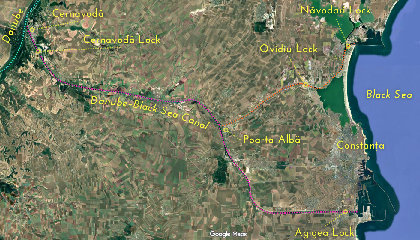 Danube Black Sea Canal Cernavoda Constanta Romania Poarta Alba Navodari locks shipping navigation map
