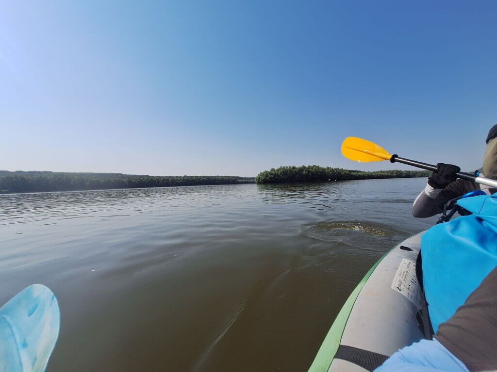 Jonas kayaking Danube River islands near Rasova unnamed island ostrovul Hinogului bypass near village Cochirleni