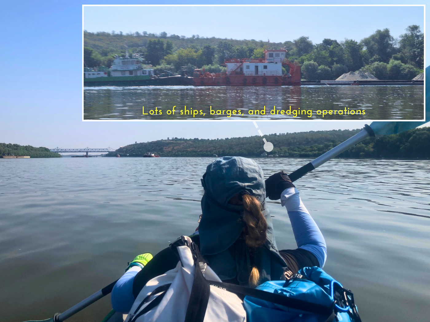 Iris Veldwijk kayaking Danube River King Carol I Bridge Anghel Saligny Bridge Cernavoda Romania dredging ships operation