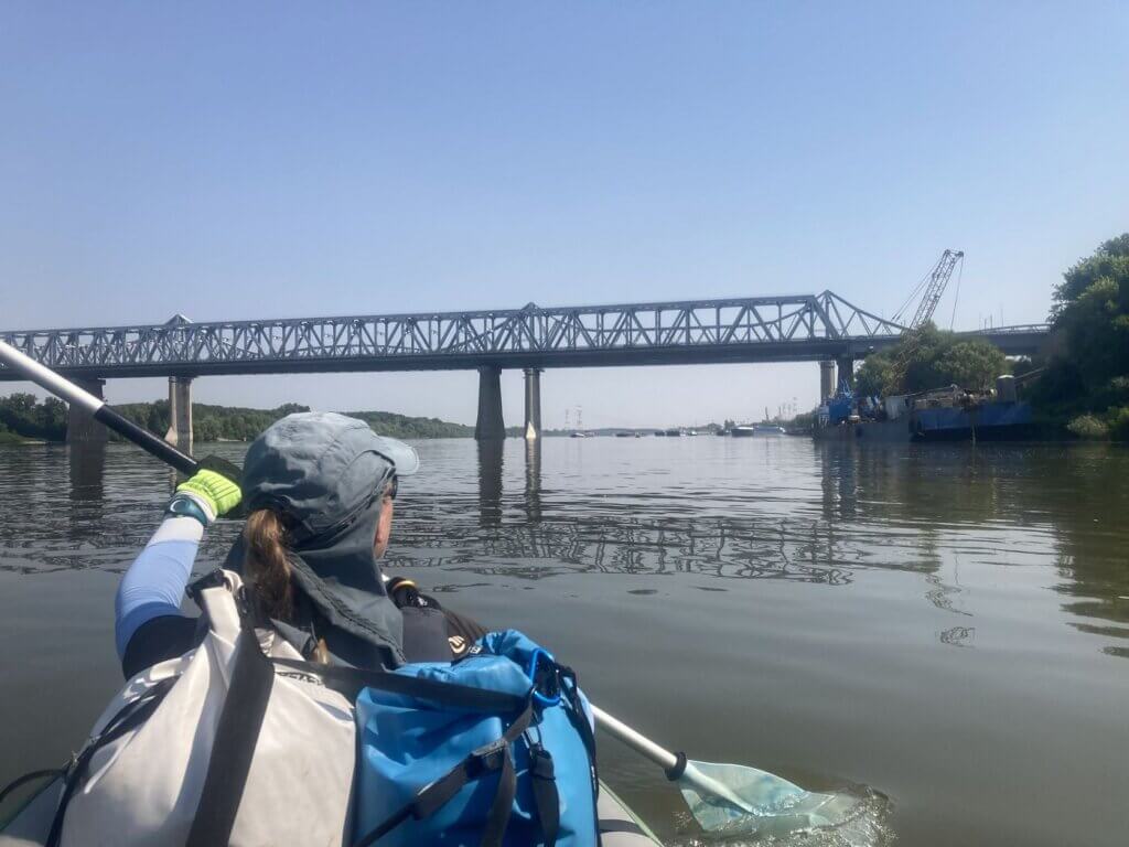 Iris Veldwijk kayaking Anghel Saligny Bridge King Carol I Bridge rail road highway kayak shipping lane