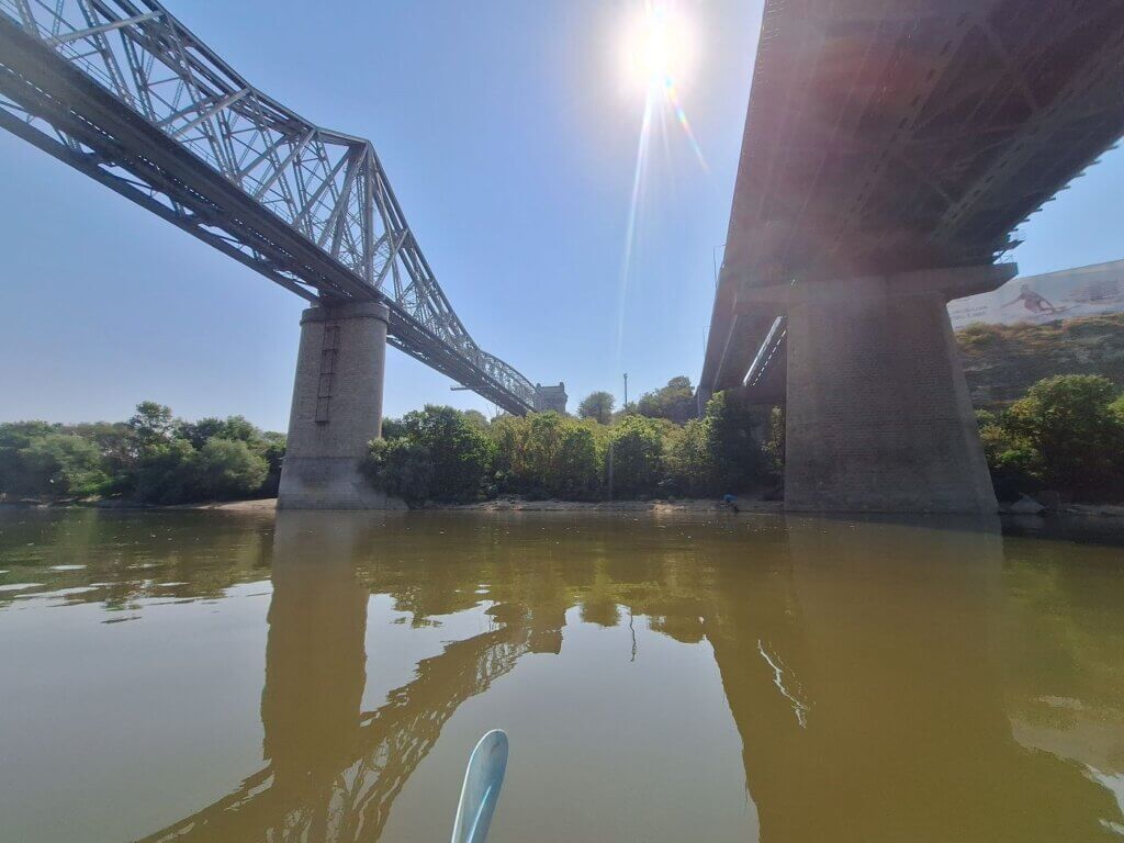 kayaking under the Anghel Saligny Bridge King Carol I Bridge Cernavoda Romania Danube River Dobruja Constanta