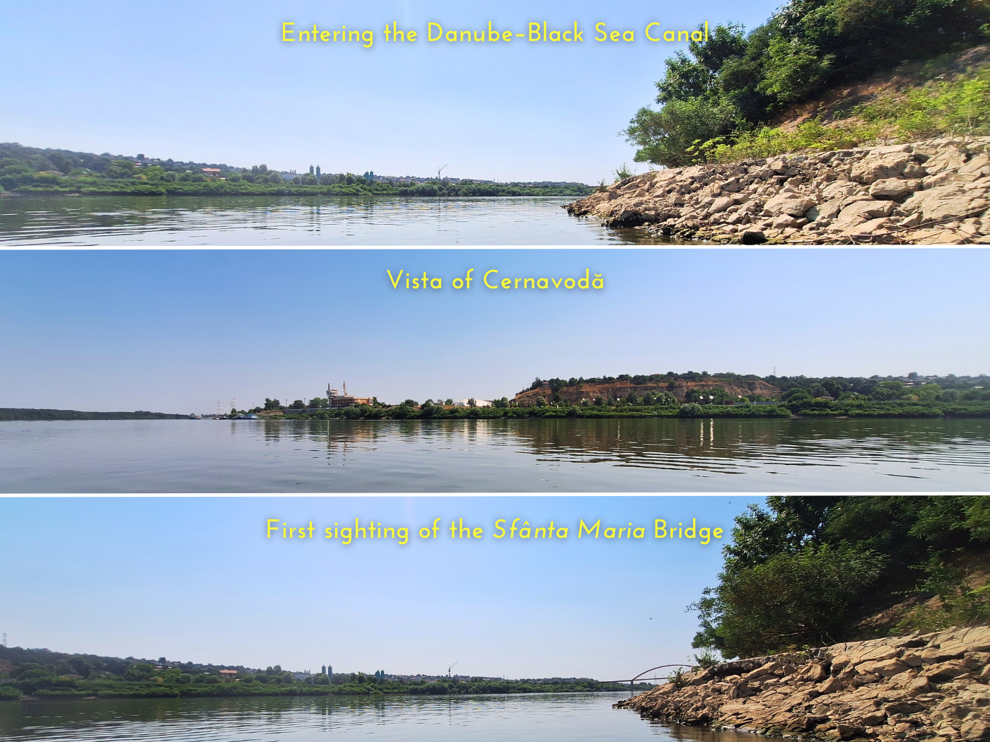 entering the Danube–Black Sea Canal at Cernavoda in an inflatable kayak cityscape artificial waterway shortcut bridge