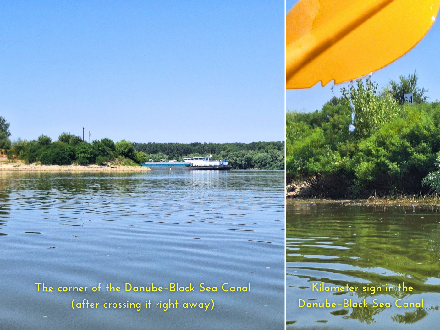 kayaking in the Danube Black Sea canal Cernavoda kilometer signs 64 kilometers to Constanta