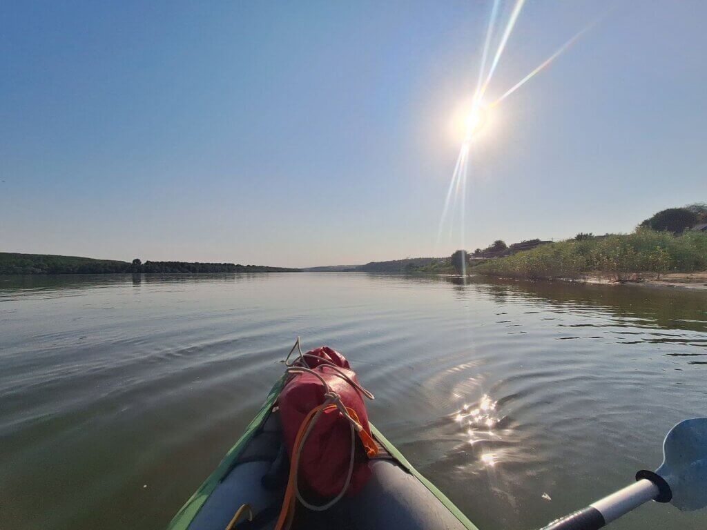 morning kayaking start Rasova to Cernavoda Danube River Romania 300 kilometers to go to the Black Sea