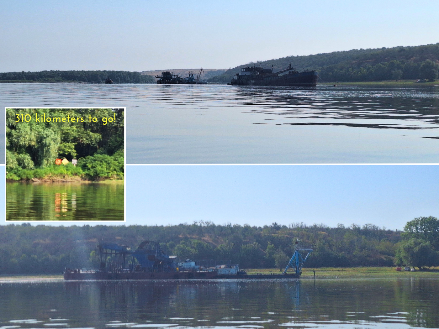 kayak trip day 79 Danube River near Rasova dredging ships barges shallow shipping lane and 310 kilometers to the Black Sea sign
